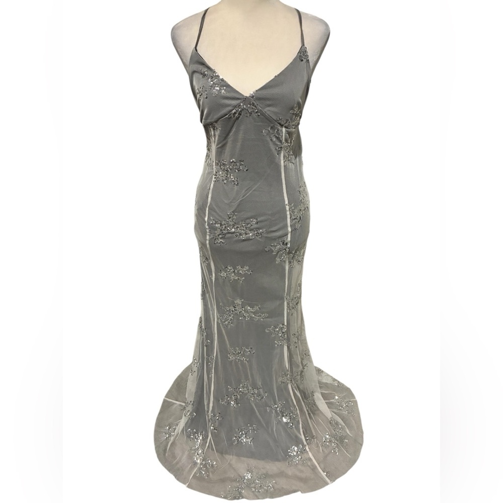 Elegant Slate/Light Grey Backless Dress Detailed w/Sequins BRAND NEW NEVER WORN